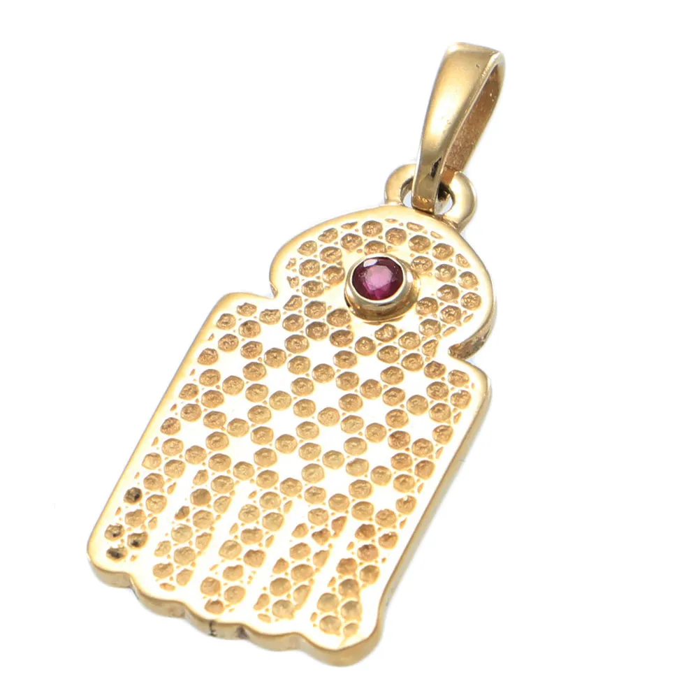 Ruby Hamsa Hand Of God Judaica Necklace Pendant 14k Yellow Gold 0.05ctw 4.6g