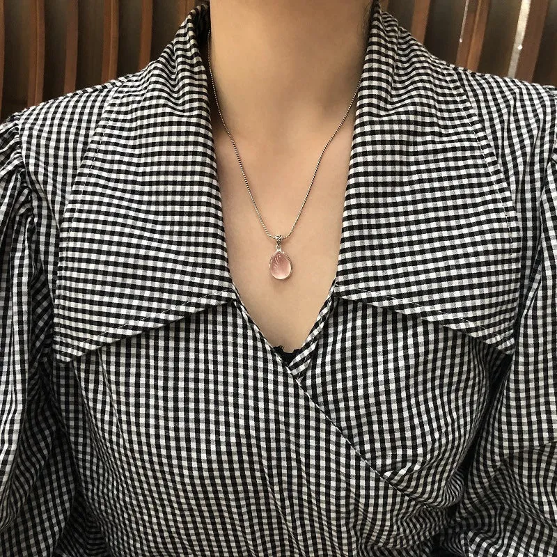 S925 Silver Crystal Pendant Necklace Drop-shaped Rose Quartz Clavicle Chain