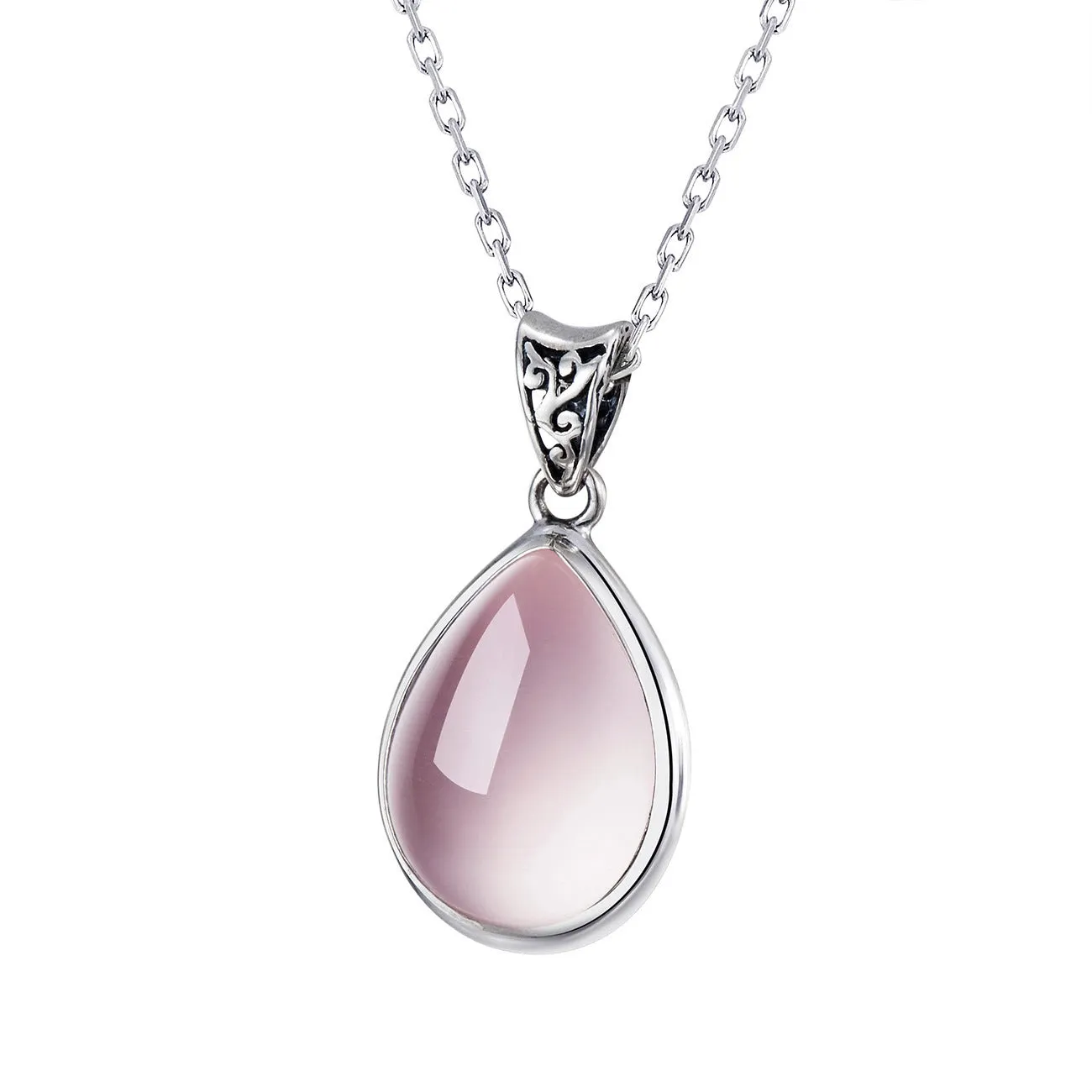 S925 Silver Crystal Pendant Necklace Drop-shaped Rose Quartz Clavicle Chain