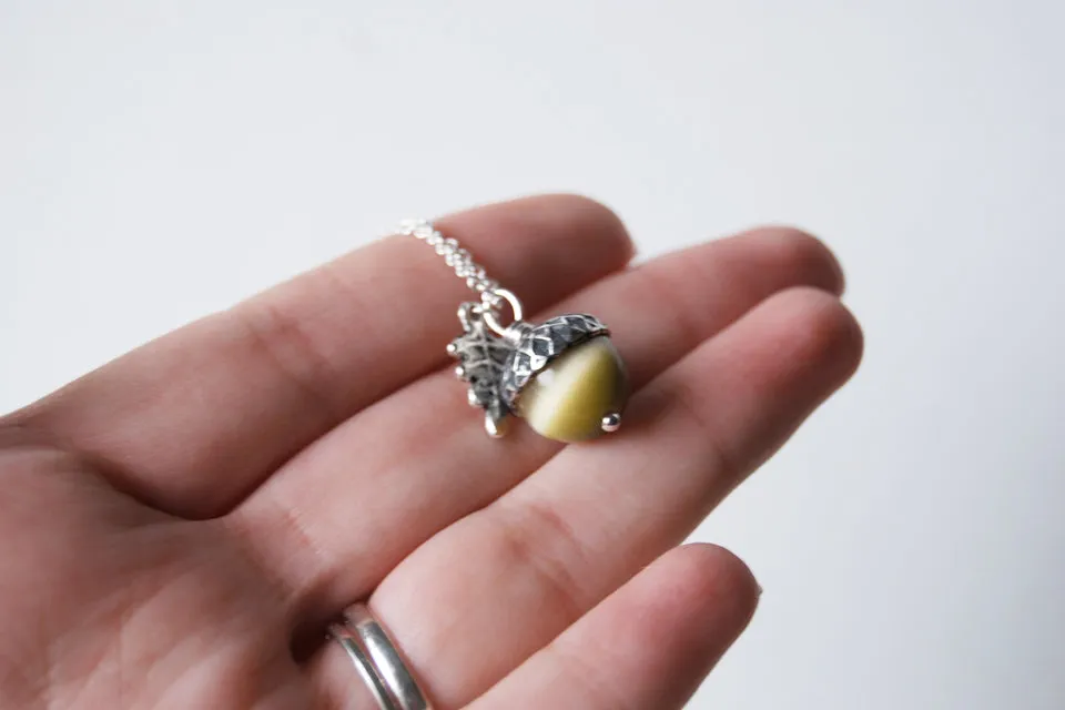 Saffron and Silver Acorn Necklace | Fall Acorn Necklace | Woodland Gemstone Acorn | Nature Jewelry