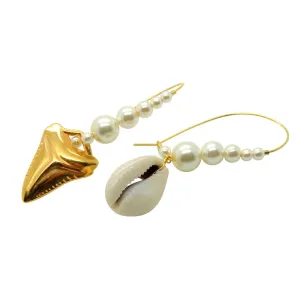 Shark Tooth and Seashell Charm Pearl Hoop Earrings