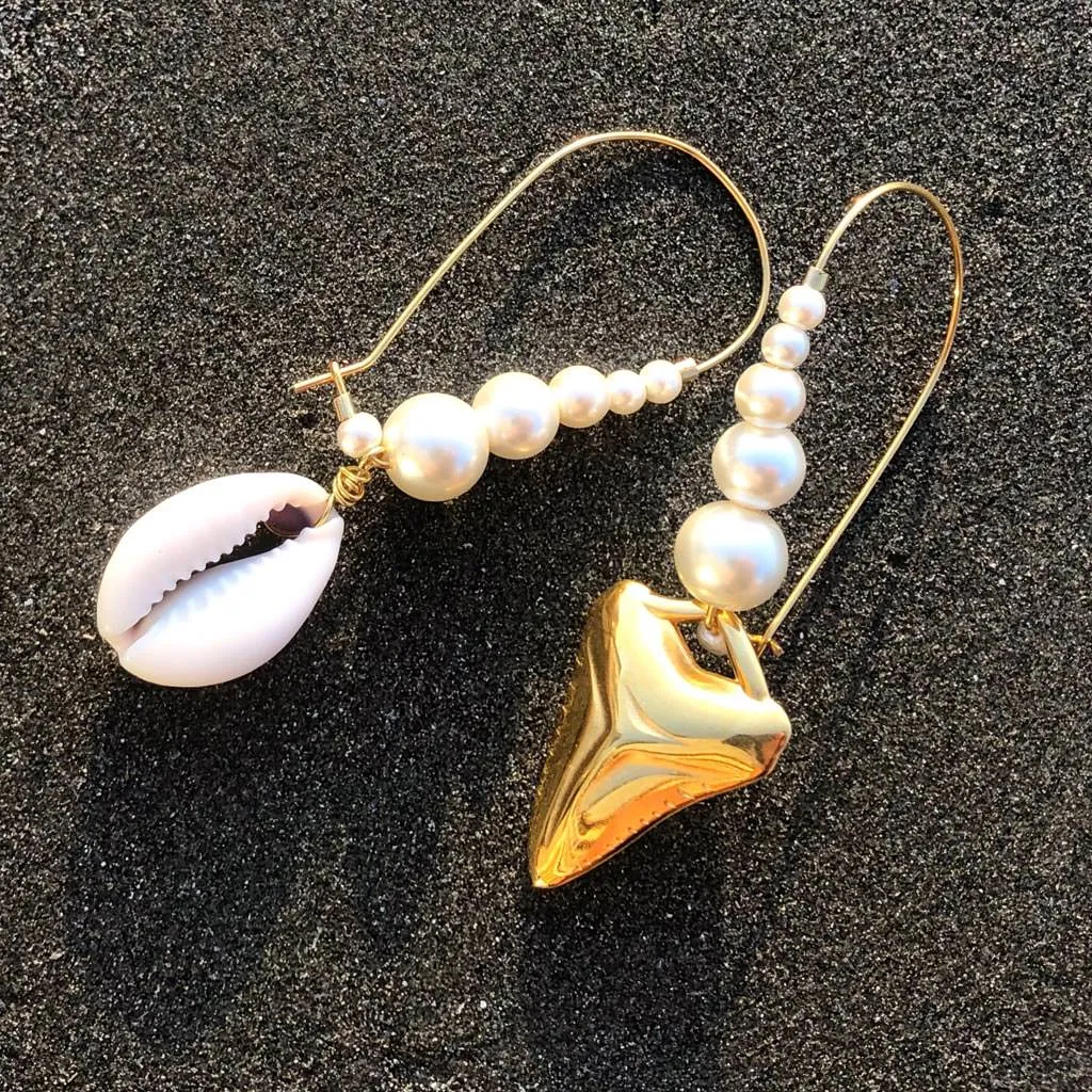 Shark Tooth and Seashell Charm Pearl Hoop Earrings