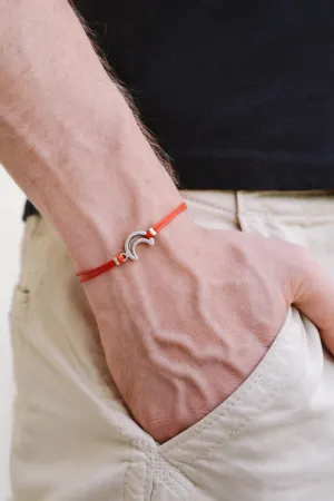 Silver crescent moon bracelet for men, red cord, gift for him