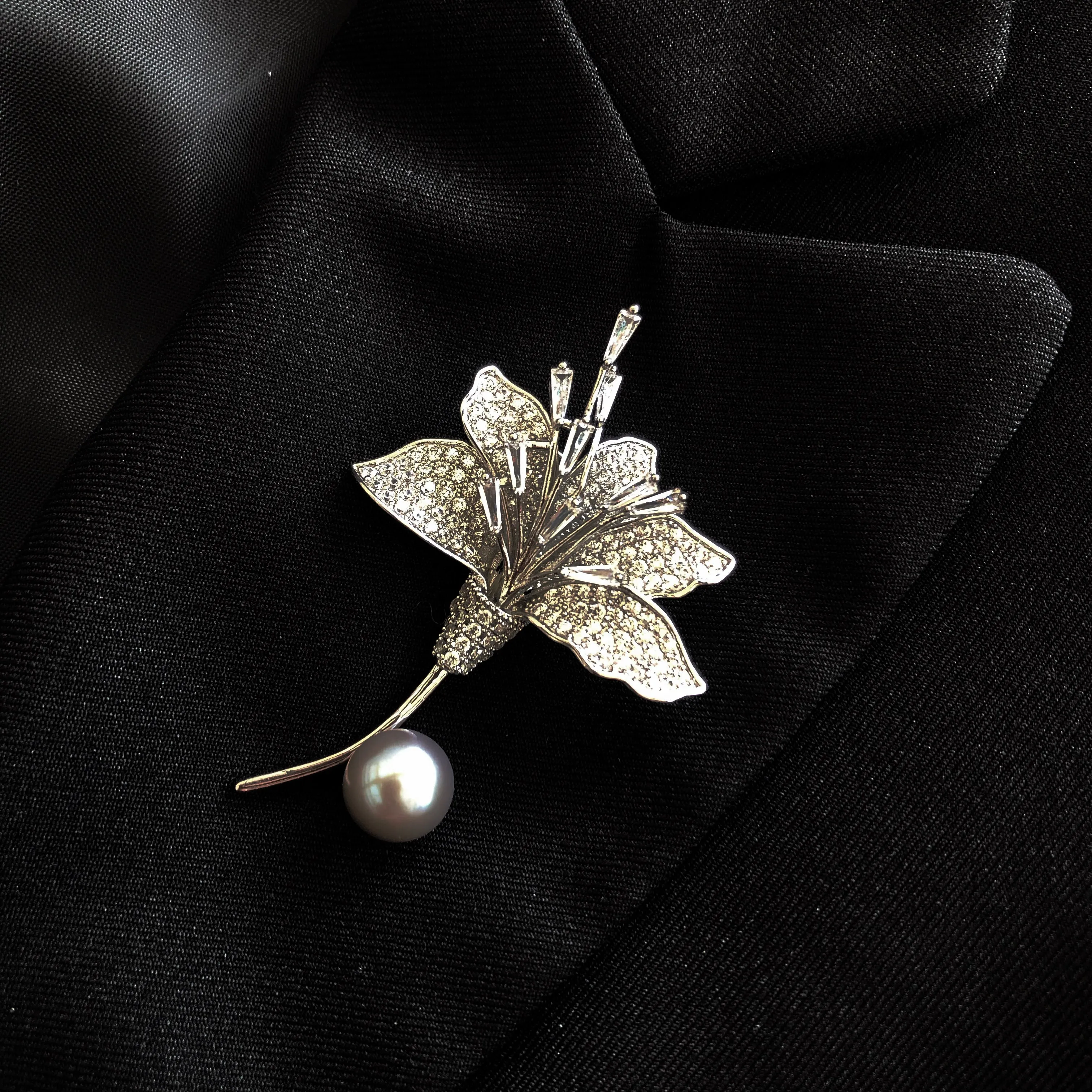 Silver Plated Lily Zircon Brooch Pendant