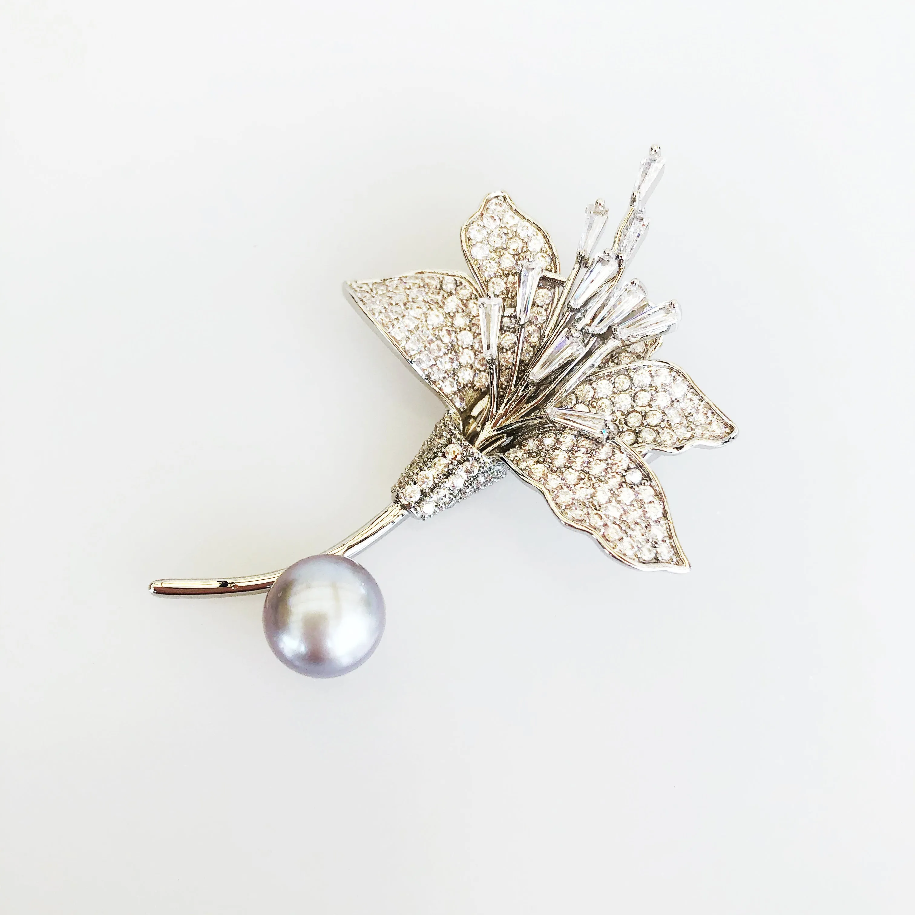 Silver Plated Lily Zircon Brooch Pendant