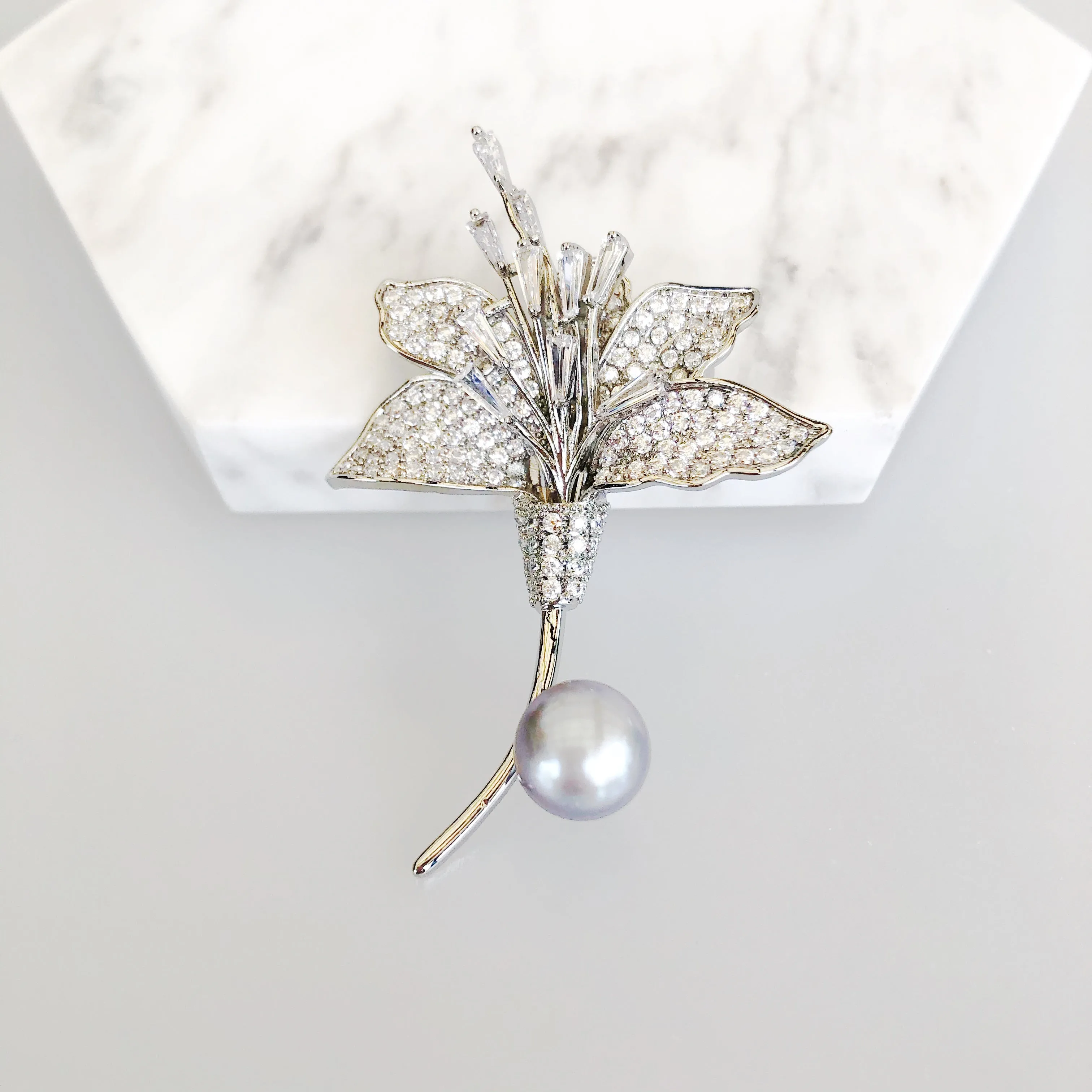 Silver Plated Lily Zircon Brooch Pendant