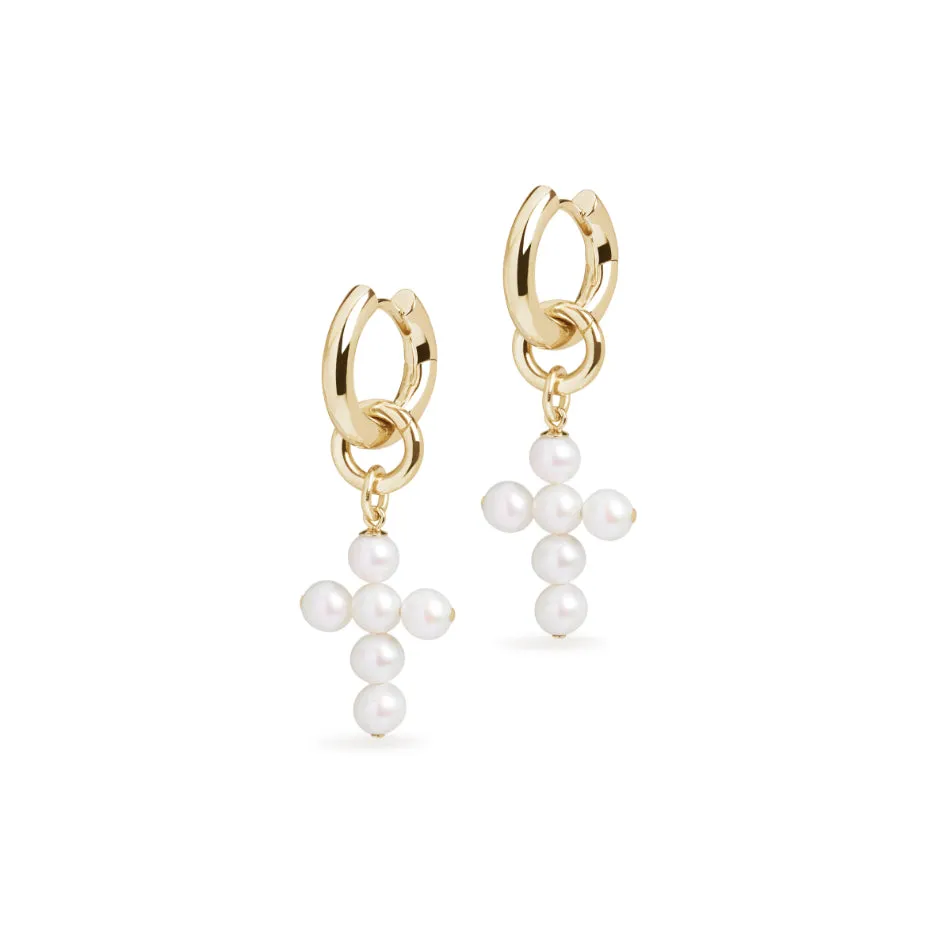 Small Hoop and Cross Pearl Charm Gold Earring Set