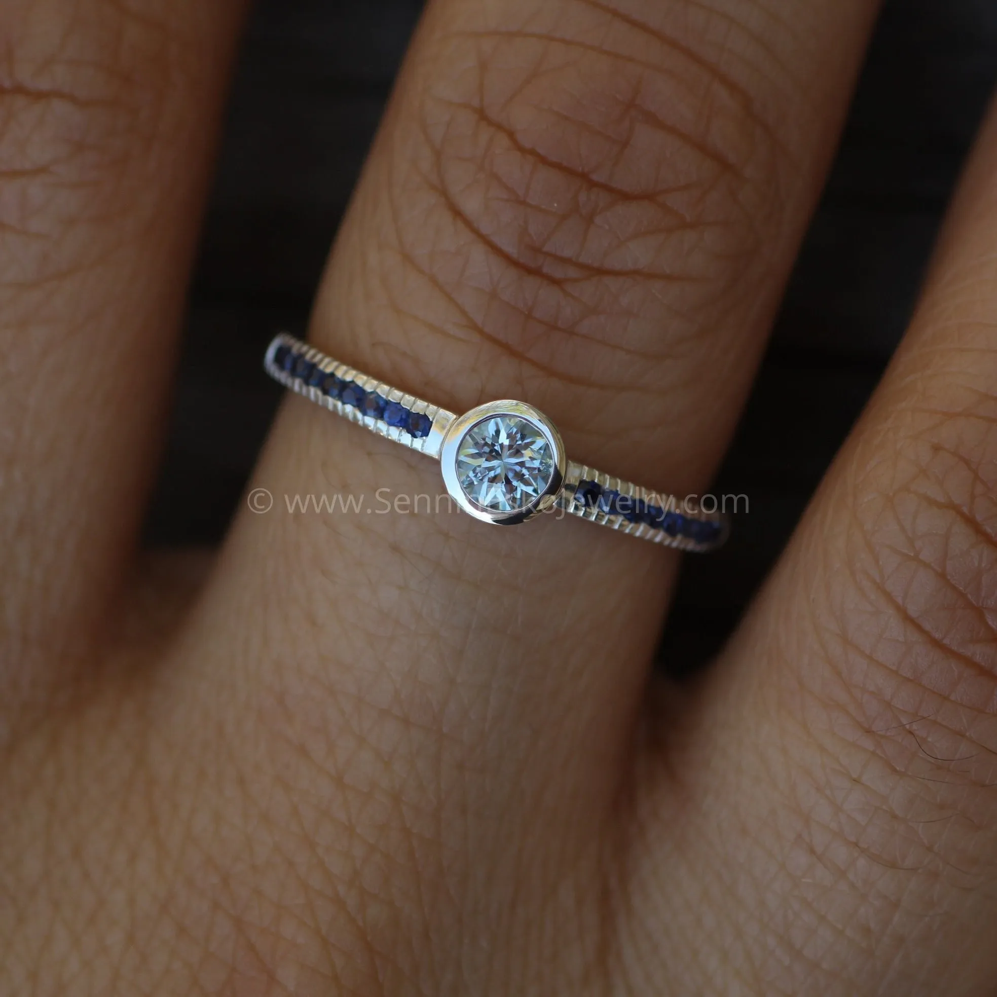 Star Cut Aquamarine and Sapphire Engagement Ring - Alternative Engagement Ring - Bezel Ring - Conflict Free Engagement Ring - Recycled