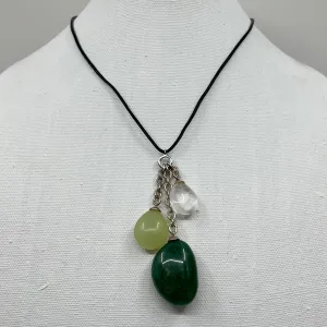 Sterling silver aventurine, jade & rock crystal bead leather necklace