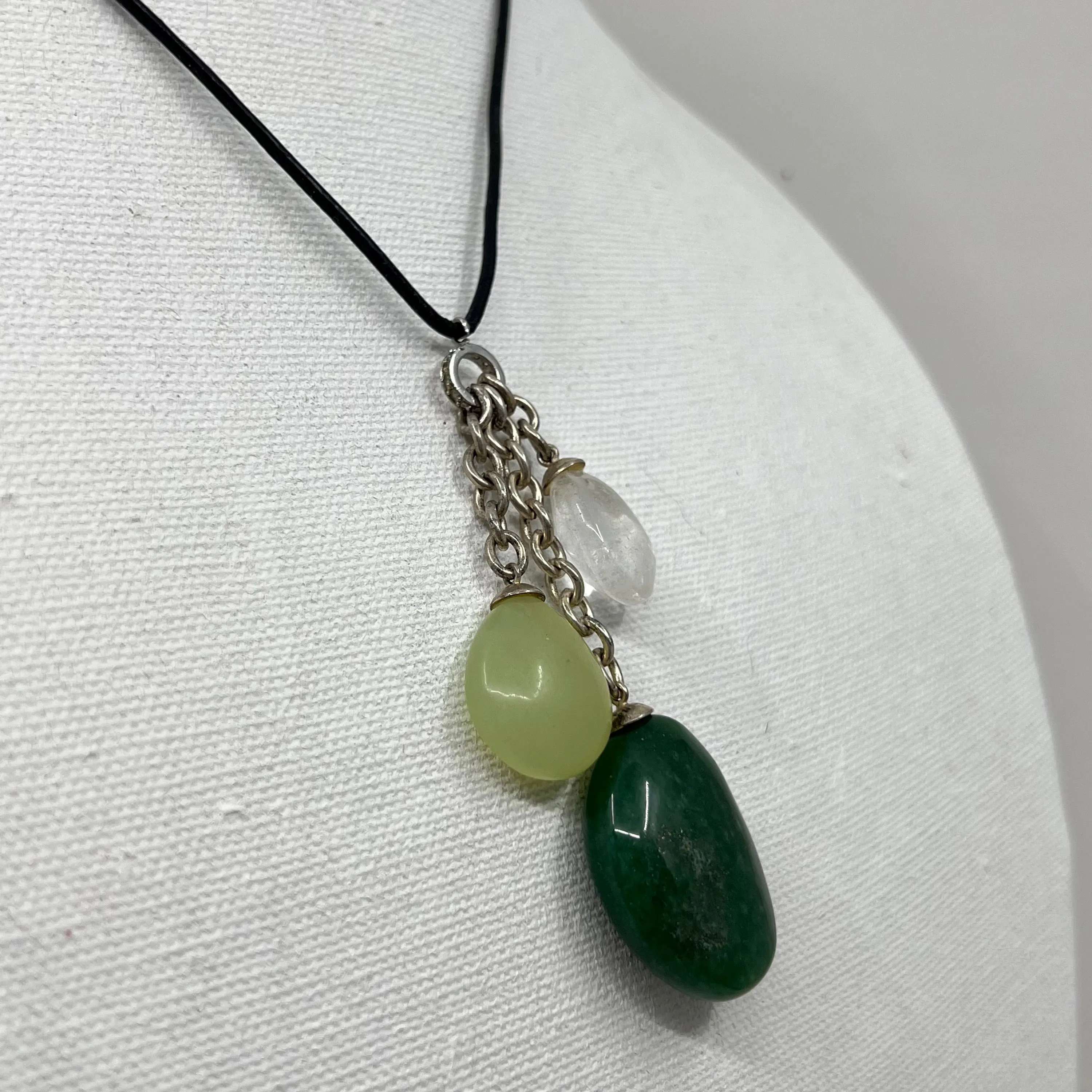 Sterling silver aventurine, jade & rock crystal bead leather necklace