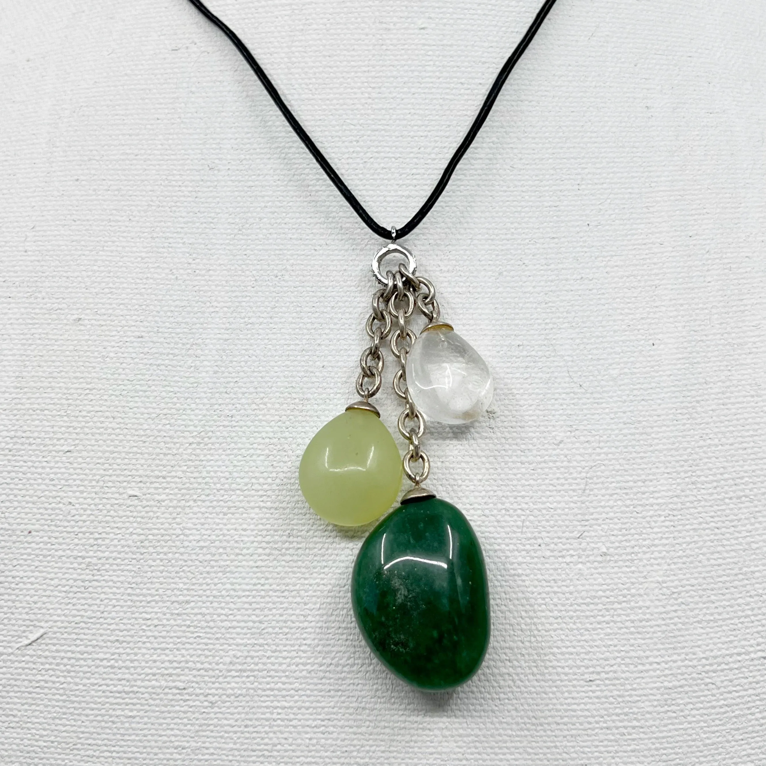 Sterling silver aventurine, jade & rock crystal bead leather necklace