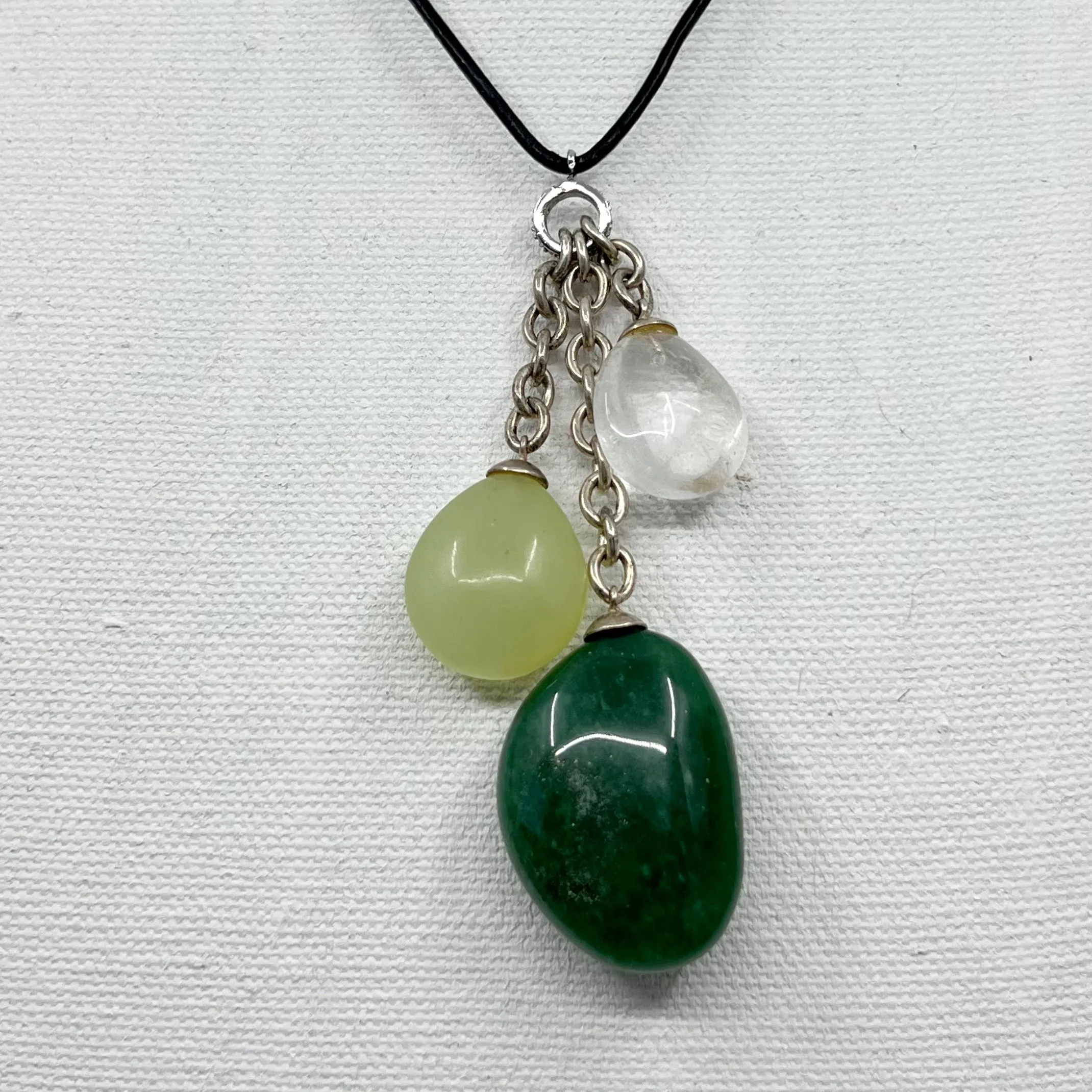 Sterling silver aventurine, jade & rock crystal bead leather necklace