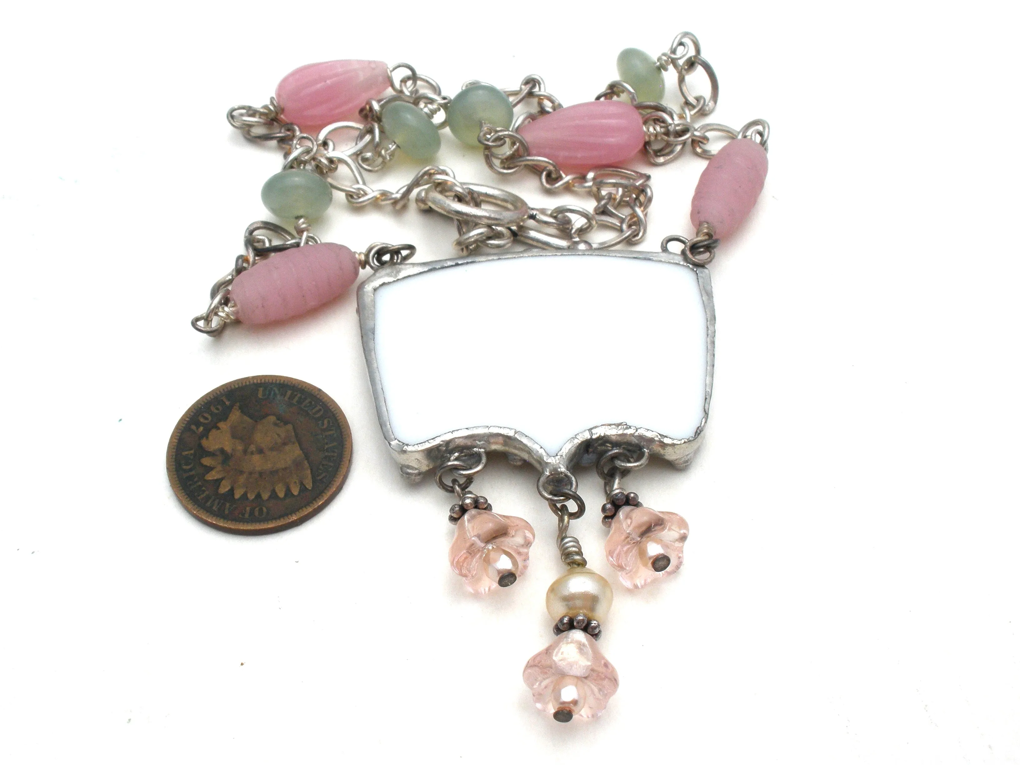 Sterling Silver Broken China Pink Lavalier Necklace