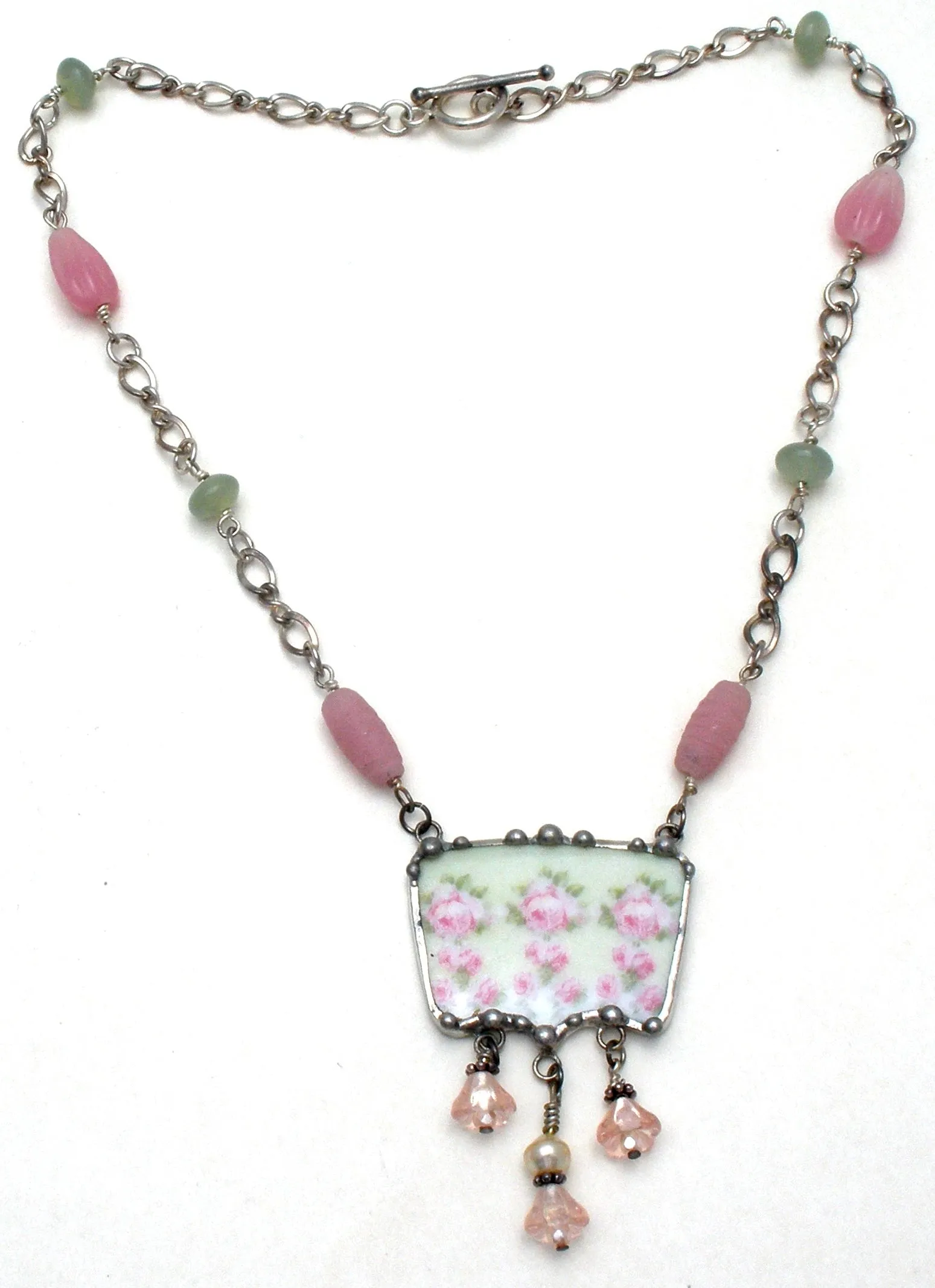 Sterling Silver Broken China Pink Lavalier Necklace