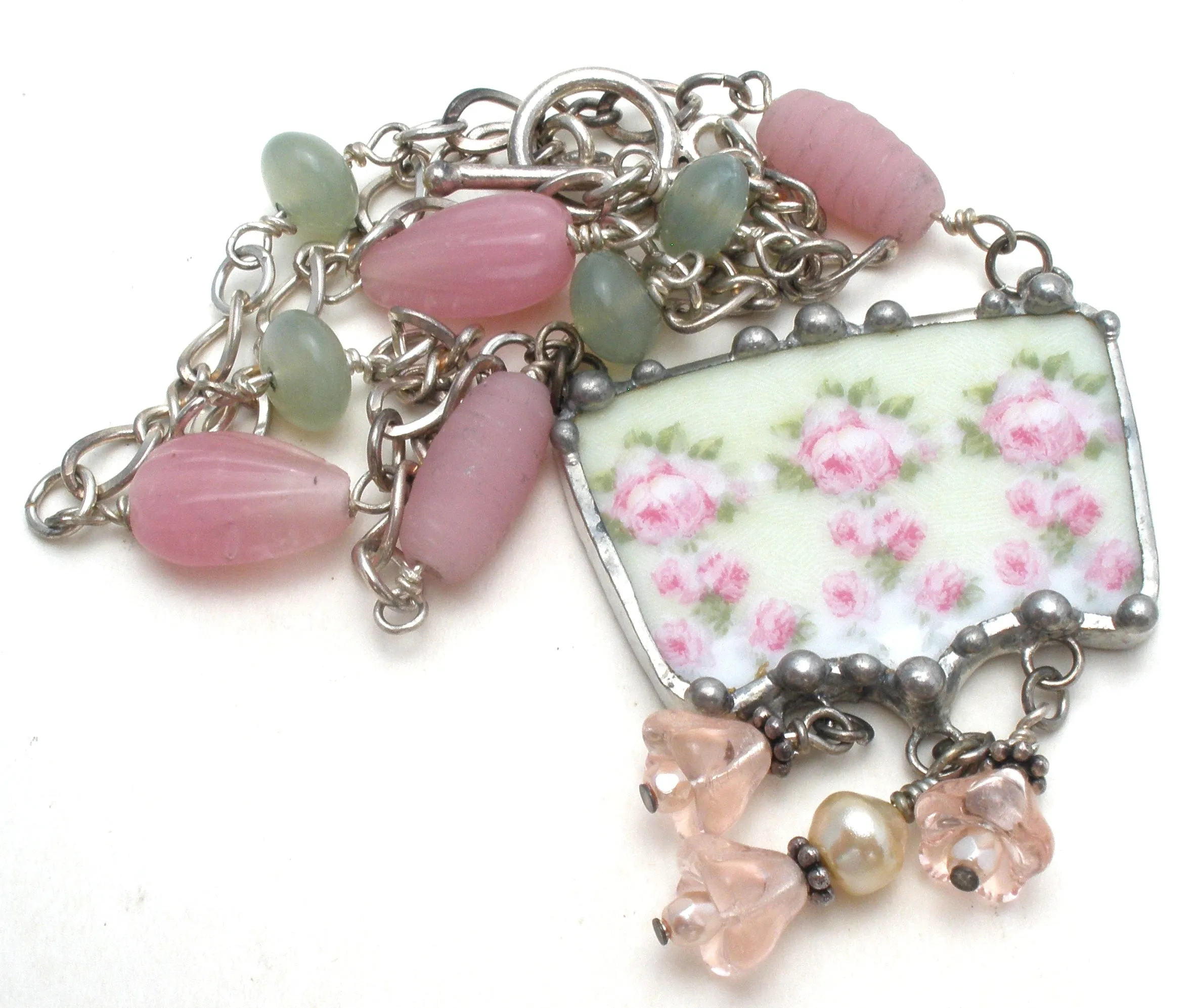 Sterling Silver Broken China Pink Lavalier Necklace