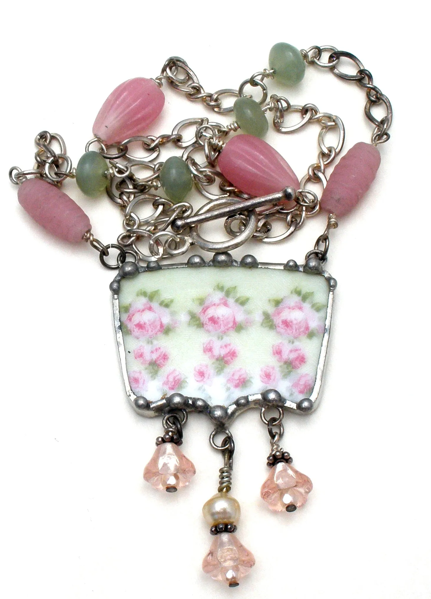 Sterling Silver Broken China Pink Lavalier Necklace