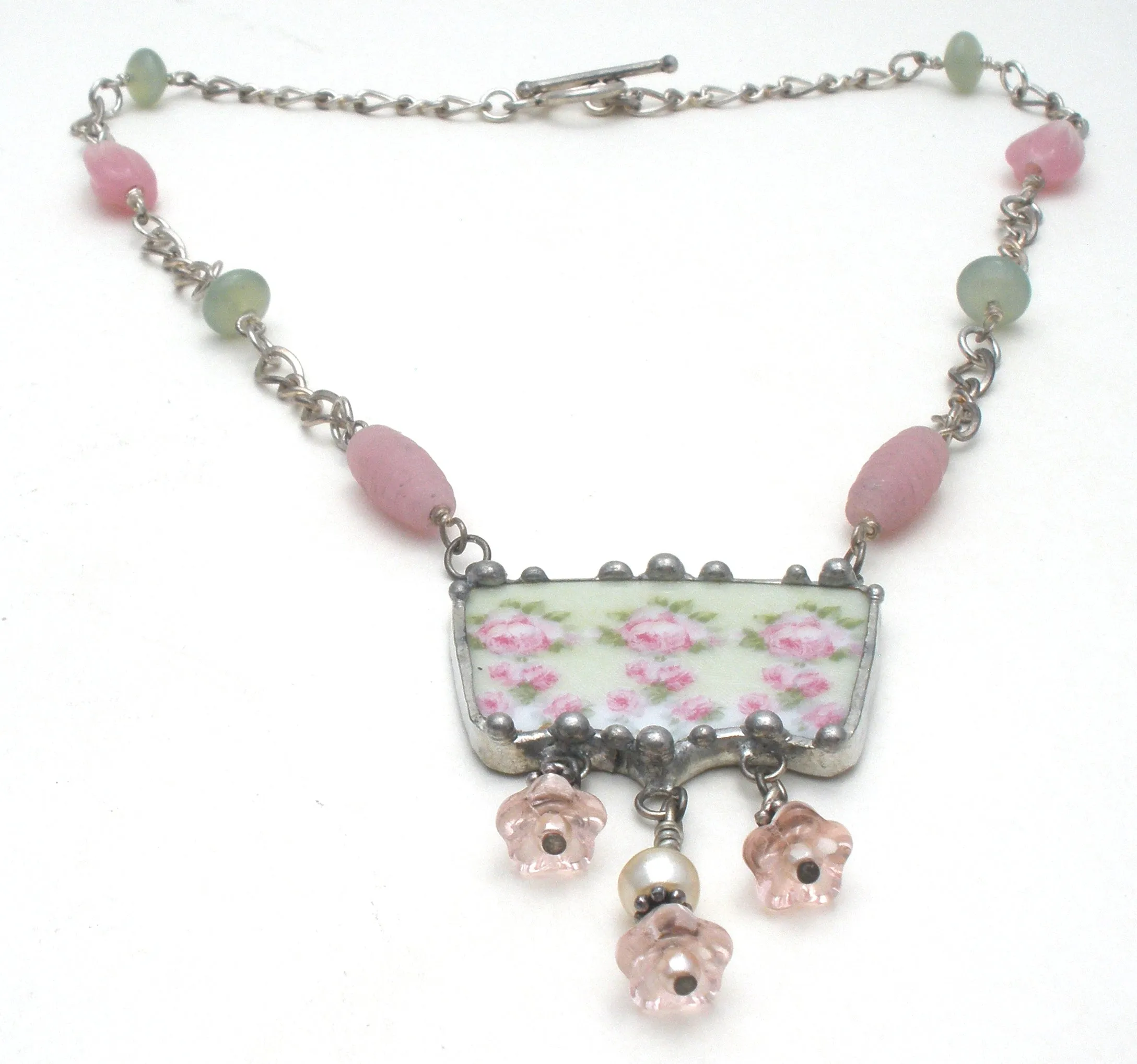 Sterling Silver Broken China Pink Lavalier Necklace