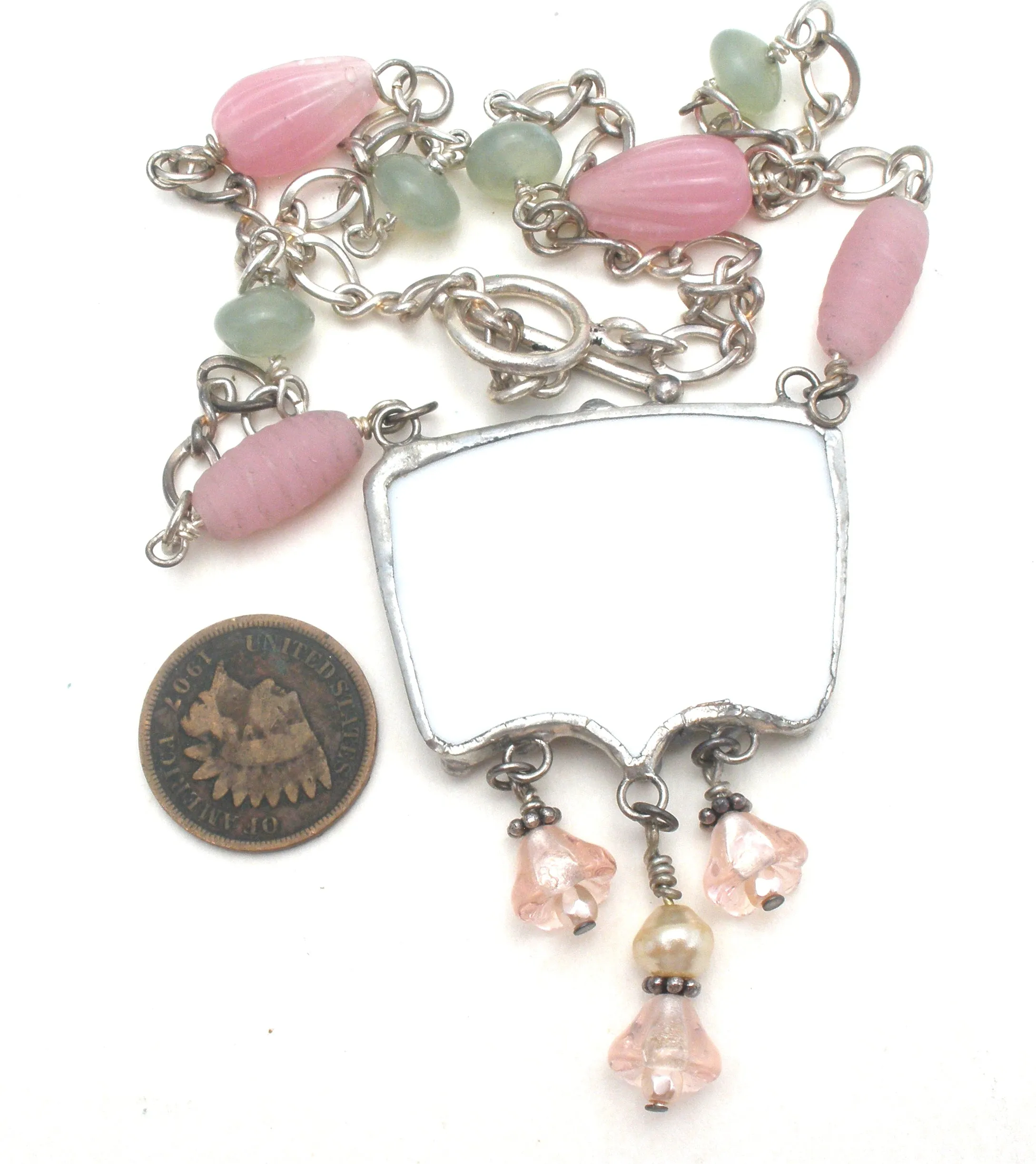 Sterling Silver Broken China Pink Lavalier Necklace