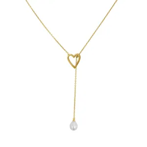 Tarnish Resistant 14k Gold Plated Heart and Freshwater Pearl Lariat Slide Thru Necklace