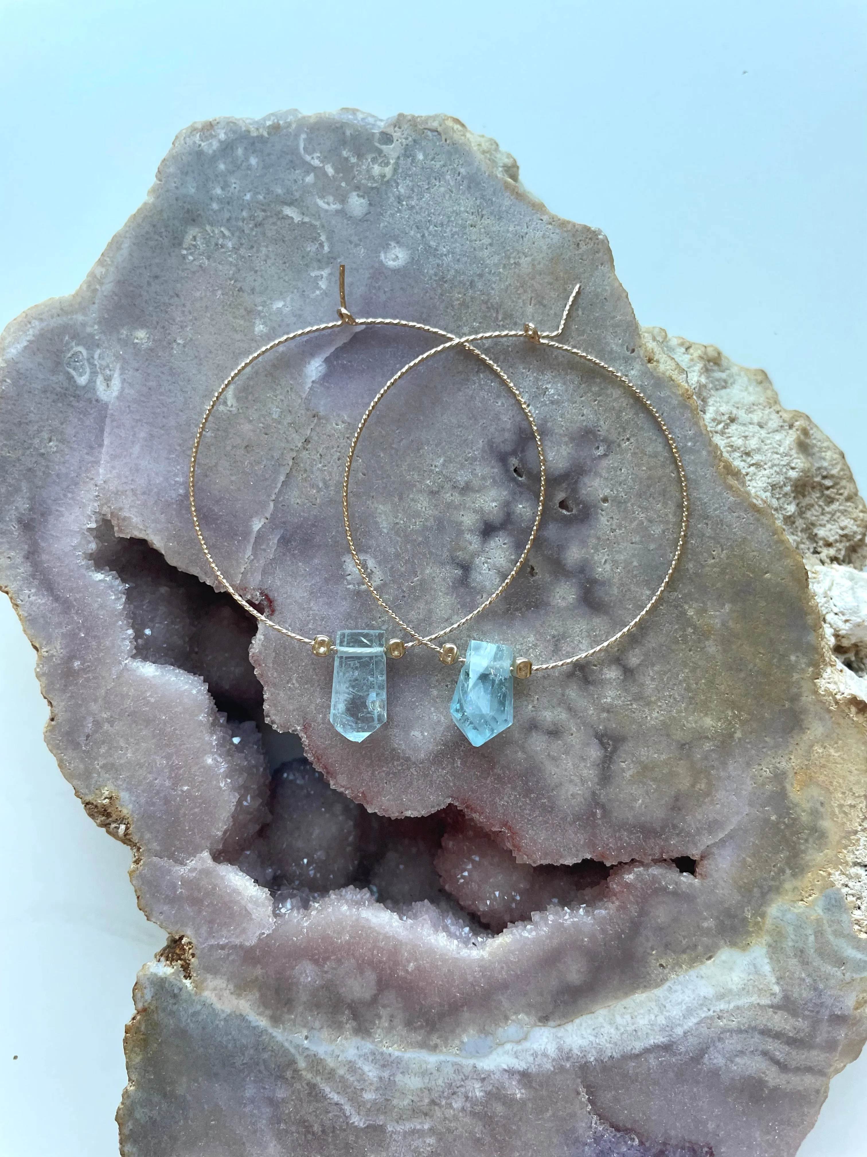 Thin Aquamarine Boho Hoop Earrings Gold Filled