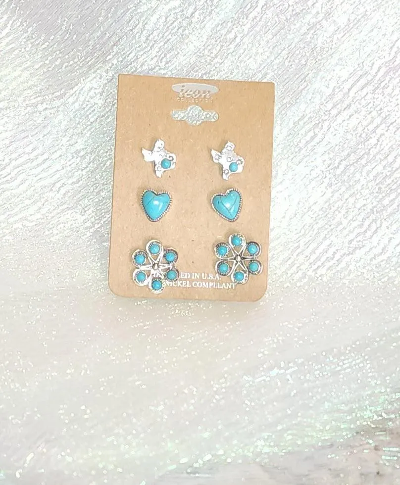 Turquoise Texas Love Stud Earrings 3 Pair Set