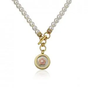 Twin Stars Pearl Necklace With Enamel Flower In MOP Charm