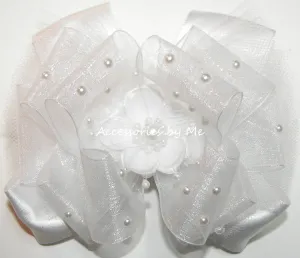 White Organza Tutu Floral Pearl Hair Bow