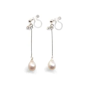 White Teardrop Freshwater Pearl Invisible Clip On Earrings (Silver tone)