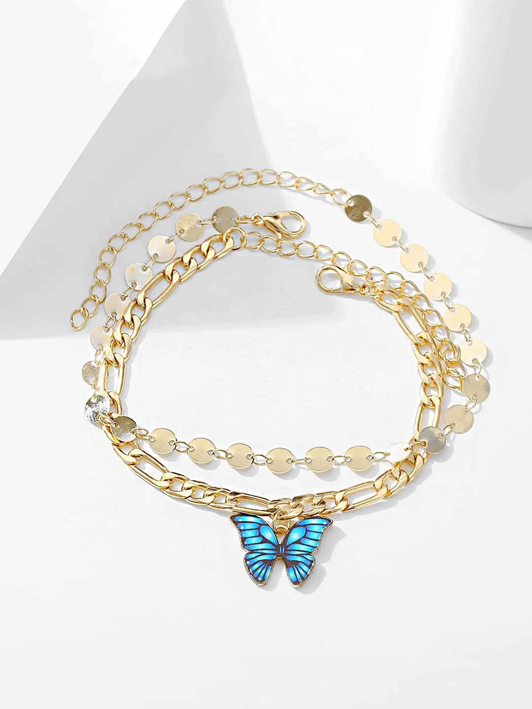 Yellow Chimes Bracelet For Women Gold Tone Dual Layer Chain With Blue Color Butterfly Charm Hanging Bracelet For Women and Girls