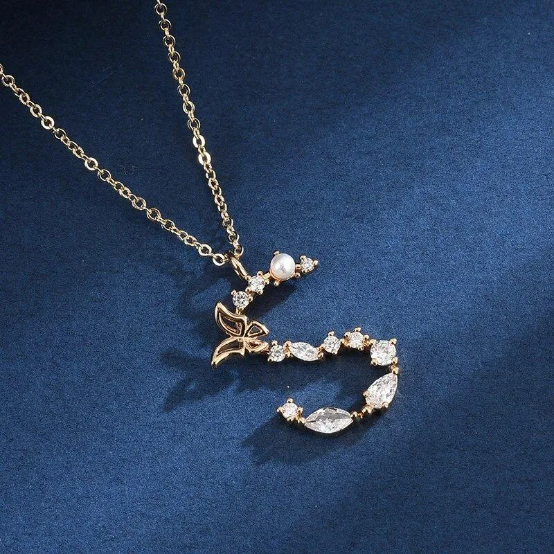 Zircon Adorned Pearl and Butterfly Initial Letter Pendant Necklace