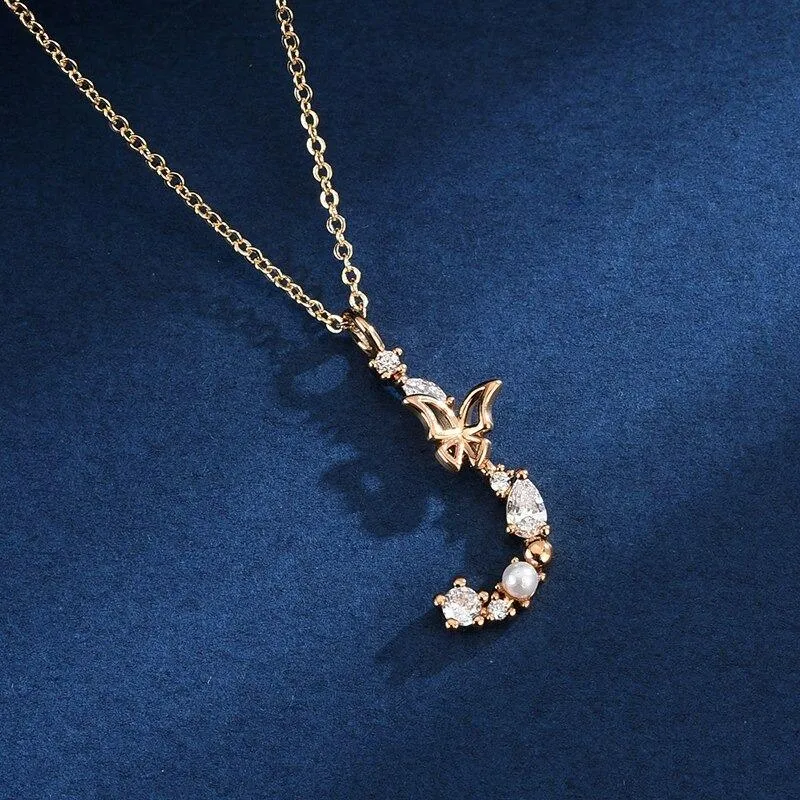 Zircon Adorned Pearl and Butterfly Initial Letter Pendant Necklace