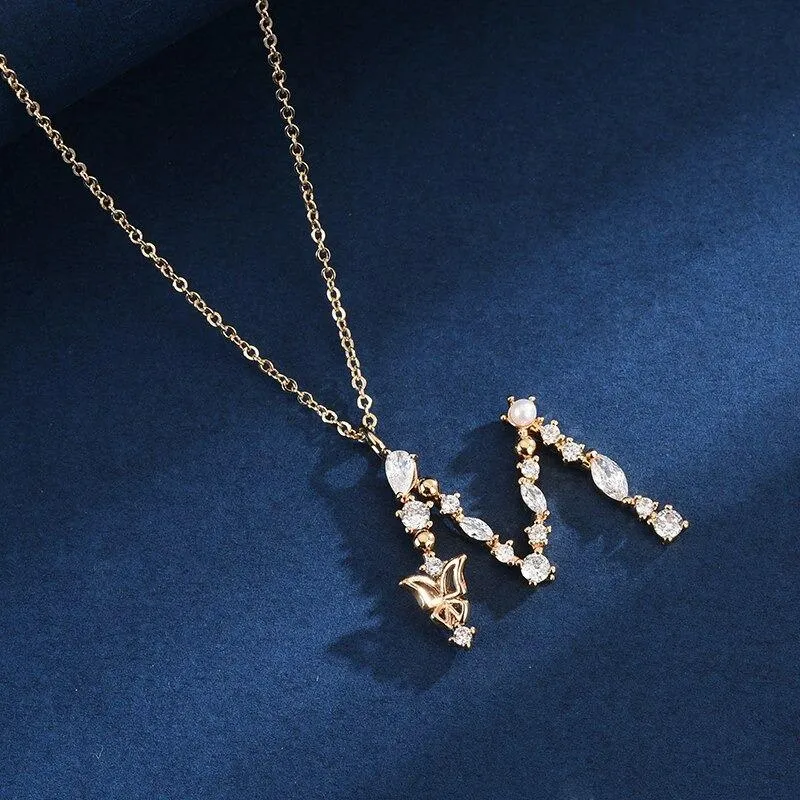 Zircon Adorned Pearl and Butterfly Initial Letter Pendant Necklace