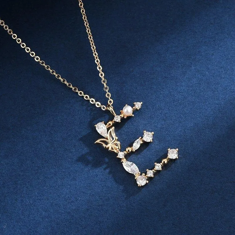 Zircon Adorned Pearl and Butterfly Initial Letter Pendant Necklace