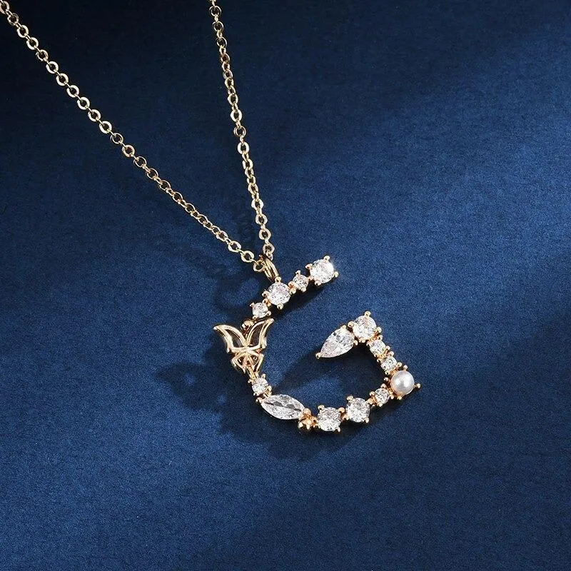 Zircon Adorned Pearl and Butterfly Initial Letter Pendant Necklace